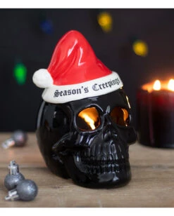 Schwarzer Totenkopf Mit Nikolausmütze Teelichthalter -Halloween Kostüm Geschäft schwarzer totenkopf mit nikolausmuetze black skull with santa hat gothic deko weihnachtsdeko 54280 05